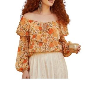 Intimately Free People Orange Floral Ruffle Bodysuit Blouse Size XS